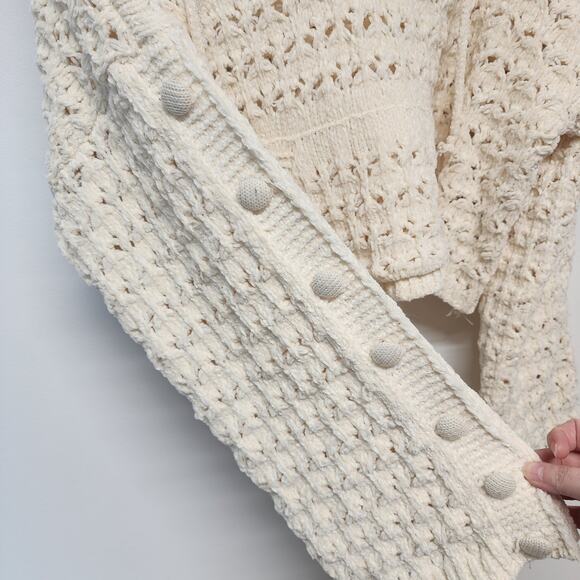 POL Flare Sleeve Oversized Sweater Size L Cream Crop Pointelle Hooded Chenille - Picture 5 of 14